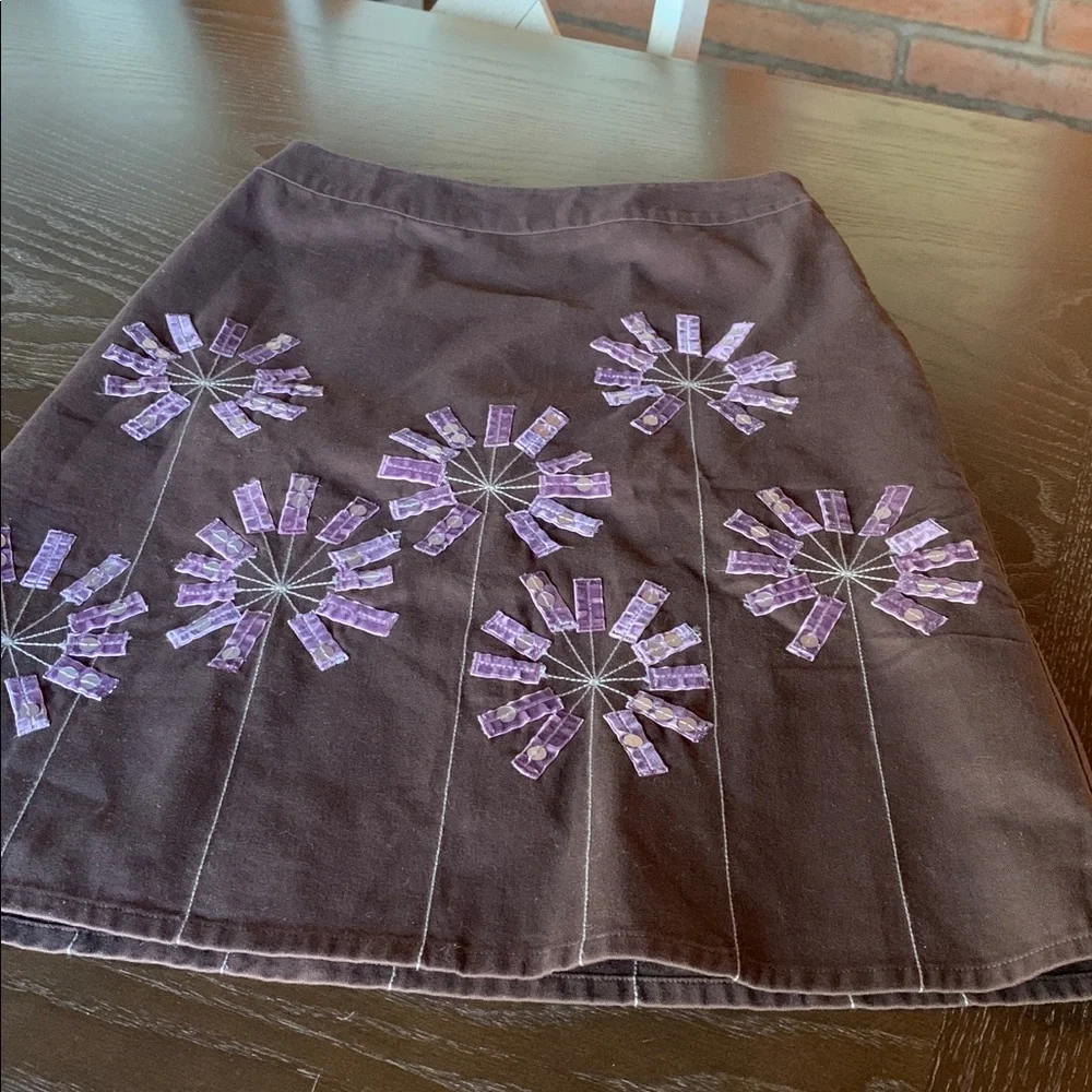 Boden Brown Purple Applique A-Line Cotton Skirt Lined Size 4 Boho Easy Breezy